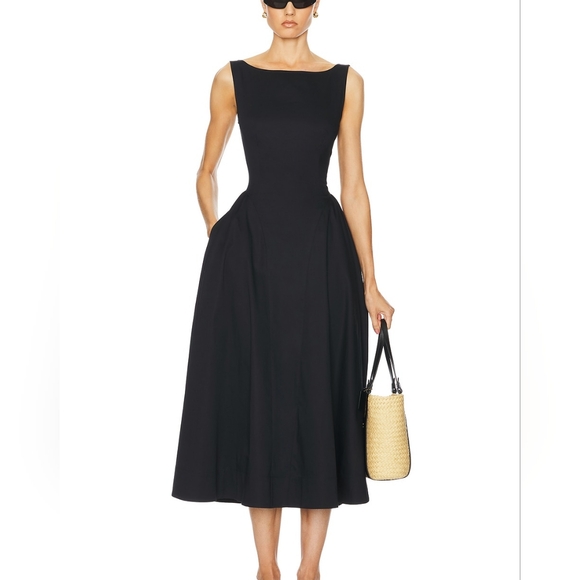 Helsa Stretch Cotton Sateen Midi Dress in Black - Picture 1 of 15